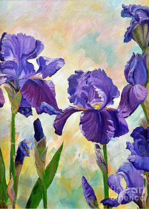 Purple Iris Greeting Card featuring the painting Dance of the Iris by Celeste Drewien