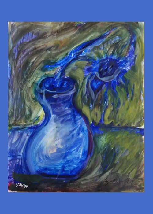 Katt Yanda Original Art Watercolor Artbook Collection Dancing Blue Flower Vase Greeting Card featuring the mixed media Dancing Blue Flower in Vase by Katt Yanda