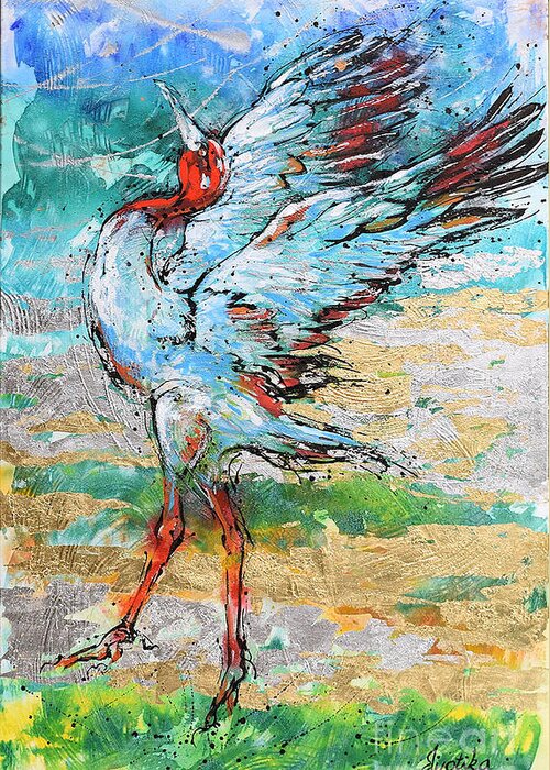 Sarus Cranes In Mating Dance. Birds Greeting Card featuring the painting Dancing Crane 2 by Jyotika Shroff