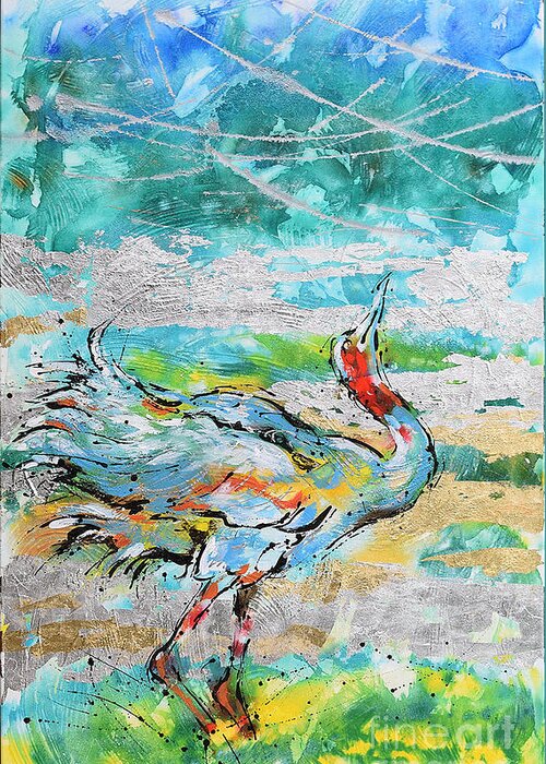 Sarus Cranes In Mating Dance. Birds Greeting Card featuring the painting Dancing Crane 1 by Jyotika Shroff