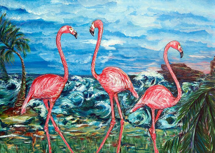 Flamingo Greeting Card featuring the painting Dancing Flamingos by Yelena Rubin
