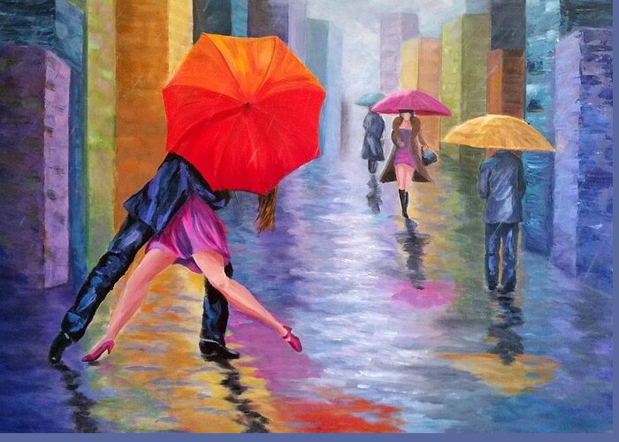 Umbrellas Greeting Card featuring the painting Dancing in the Rain by Rosie Sherman