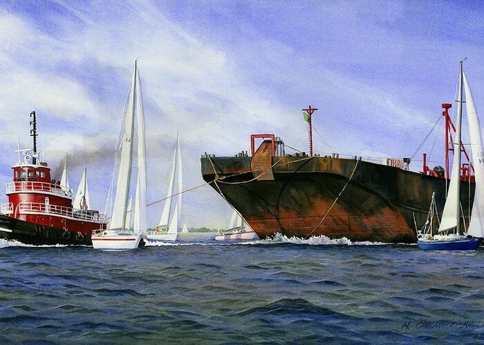 Tugboat Greeting Card featuring the painting Dangerous Race by Marguerite Chadwick-Juner