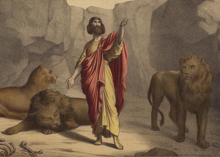 Daniel In The Lions Den Greeting Card featuring the painting Daniel in the Lion's Den by Jean-Baptiste Auguste Leloir