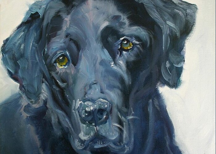 Black Lab Greeting Card featuring the painting Darcy The Face Of Labrador Rescue Scotland by Sheila Wedegis