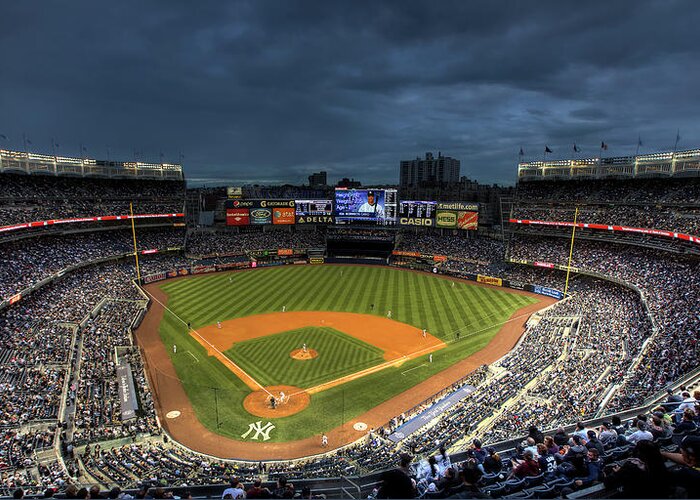 Yankee Stadium Greeting Card featuring the photograph Dark Clouds over Yankee Stadium by Shawn Everhart
