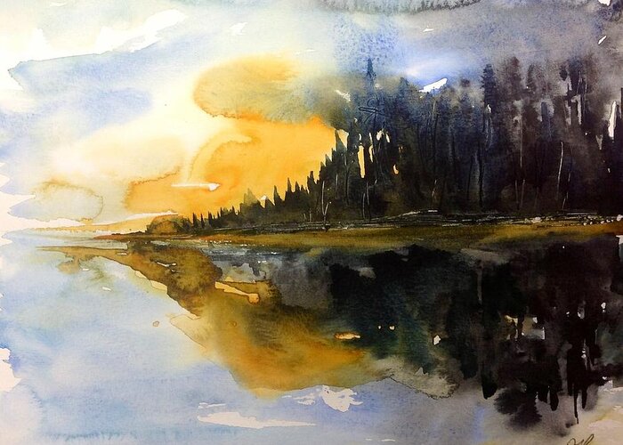 Watercolour Landscape Painting Greeting Card featuring the painting Dark Woods - Summer Dusk Up North by Desmond Raymond