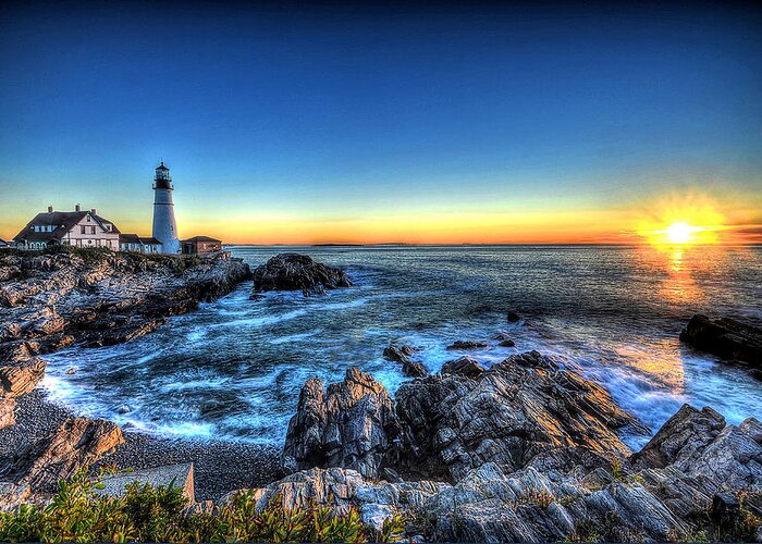 Portland Head Lighthouse Greeting Card featuring the photograph Dawn at Portland Head Lighthouse by Don Mercer