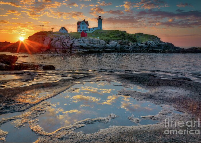 Atlantic Greeting Card featuring the photograph Dawn Breaking at Nubble by Jerry Fornarotto