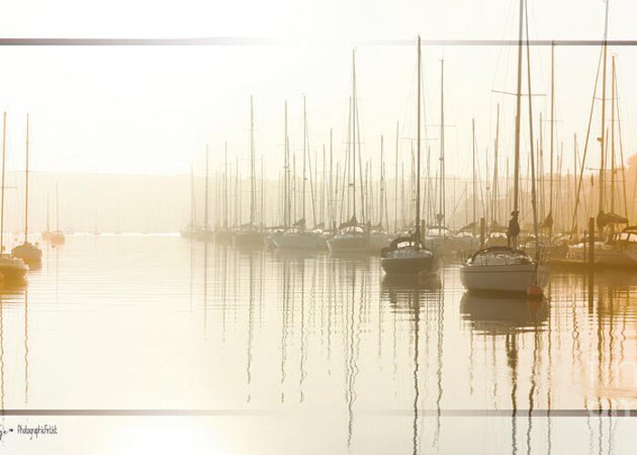 Dawn Greeting Card featuring the digital art Dawn Reflections - Yachts at anchor on the River by Chris Armytage