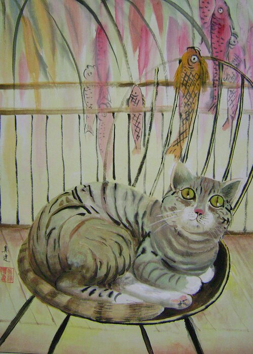 Cats Greeting Card featuring the painting Day dreaming by Lian Zhen