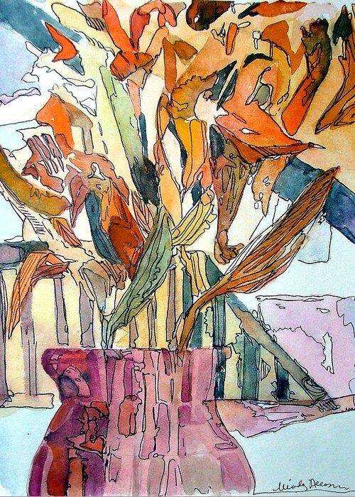 Day Lilies Greeting Card featuring the painting Day Lilies in a Rose Vase by Mindy Newman