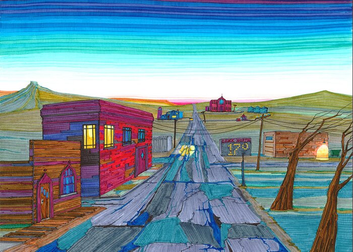 Great Plains Art Greeting Card featuring the drawing Daybreak in McKenzie County by Scott Kirby