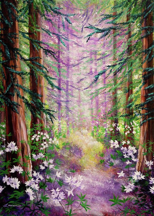 California Greeting Card featuring the painting Daybreak in Springtime Redwood Trees by Laura Iverson