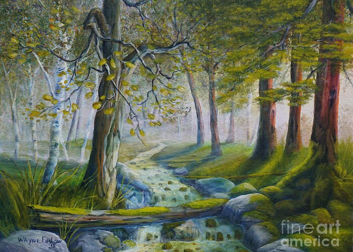 Landscape Greeting Card featuring the painting Daybreak in the Forest by Wayne Enslow
