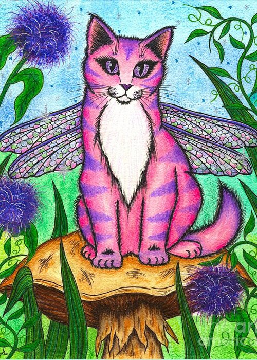 Dragonfly Greeting Card featuring the painting Dea Dragonfly Fairy Cat by Carrie Hawks
