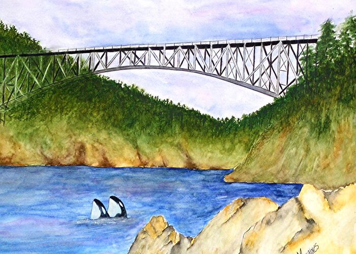 Bridges Greeting Card featuring the painting Deception Pass Bridge by Mary Gaines