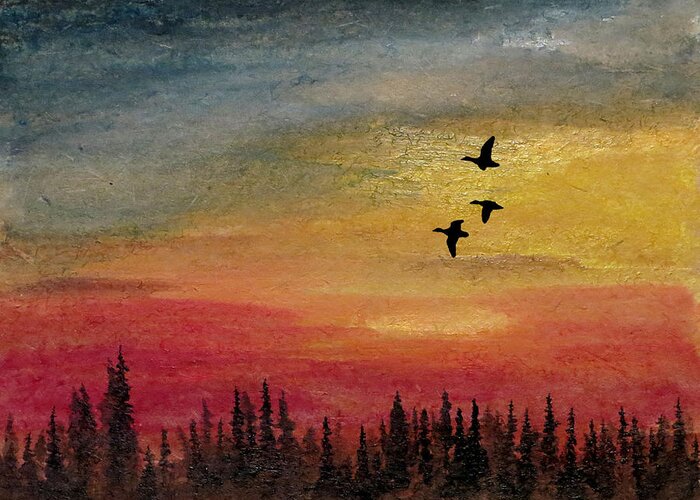 Deep Illuminated Night Waterfowl Stopover Rugged Northern Migratory Migration Wildlife Vast Spaces Outdoors Outdoor Kyllo Hunting Hunt Giant Canada Canadian Honker Goose Geese Artwork Art Forest Cold Pine Fir Spruce Silhouette Painting Flyway Wilderness Wild Sunset Sundown Skyscape Sky Scenic Scene Migrating Luminous Luminism Late Landscape Beautiful Flight Glide Birds Greeting Card featuring the painting Deep Forest by R Kyllo