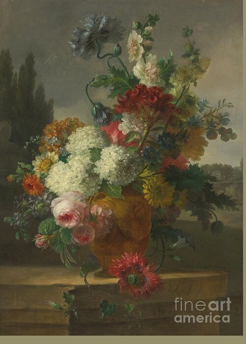 Willem Van Leen Dordrecht 1753 - 1825 Delfshaven Still Life Of Flowers In A Vase Resting On A Stone Ledge. Beautiful Flowers Greeting Card featuring the painting Delfshaven Still Life Of Flowers In A Vase by MotionAge Designs