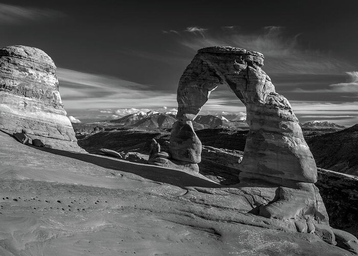Delicate Arch Greeting Card featuring the photograph Delicate Arch Utah in Black and White by Pierre Leclerc Photography