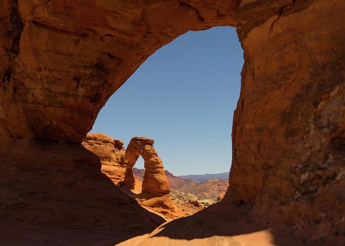 Utah Greeting Card featuring the photograph Delicate Arch Window Arches National Park Moab Utah by Lawrence S Richardson Jr