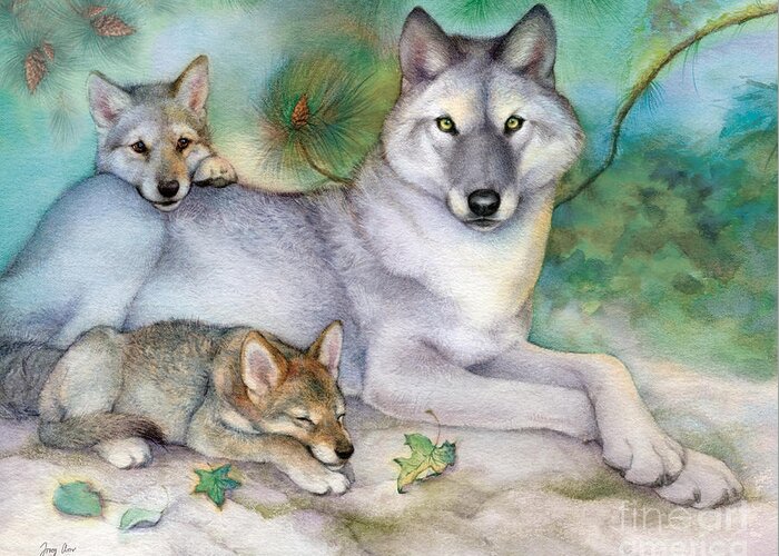 Wolf Print Greeting Card featuring the painting Den Father Wolves by Tracy Herrmann