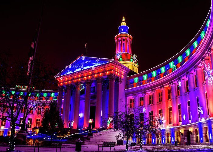 Christmas Greeting Card featuring the photograph Denver City and County Building Holiday Lights by Teri Virbickis