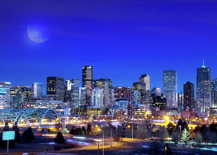 Denver Skyline Greeting Card featuring the photograph Denver Dusk by Mark Andrew Thomas