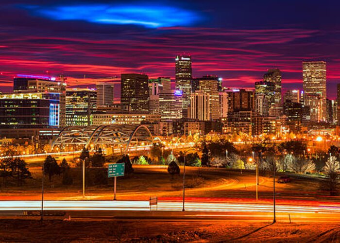 Denver Greeting Card featuring the photograph Denver Skyline Sunrise by Darren White
