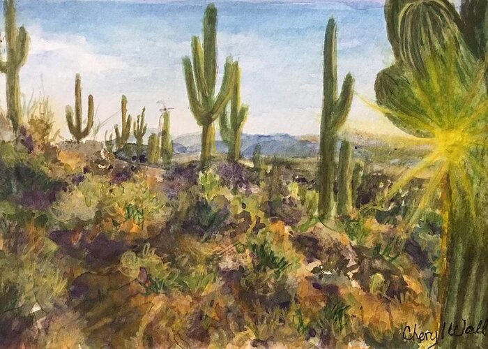 Arizona Greeting Card featuring the painting Desert at Dawn by Cheryl Wallace