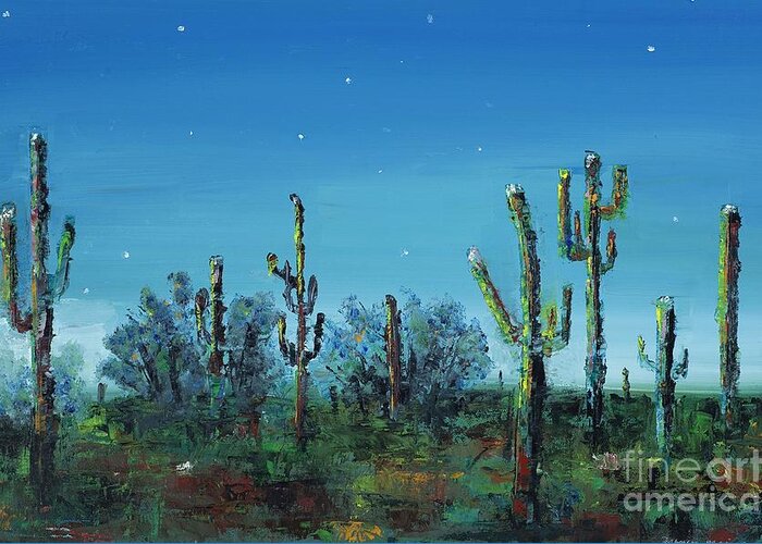 Desert Saguaro Catus In Bloom Greeting Card featuring the painting Desert Blue by Frances Marino