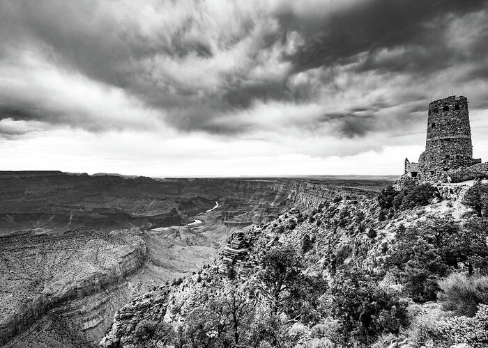 Arizona Greeting Card featuring the photograph Desert view tower, Grand Canyon In Black and White by Mati Krimerman