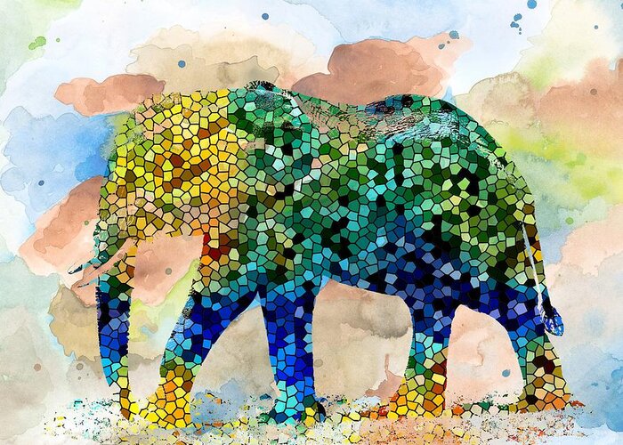 Mosaic Greeting Card featuring the painting Design 37 Mosaic Elephant by Lucie Dumas