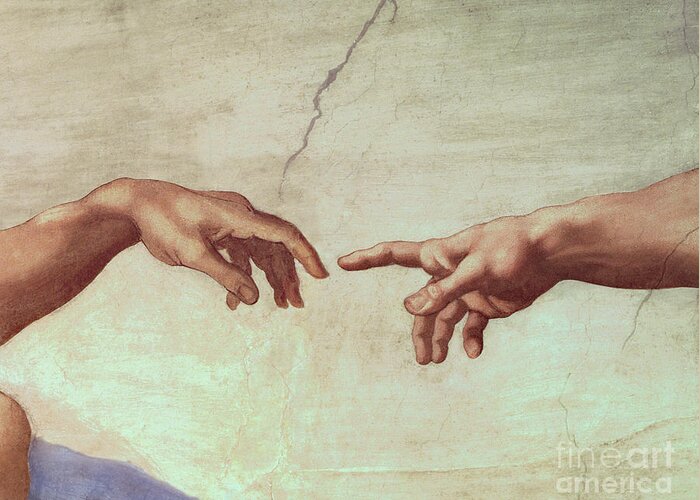 Hands Greeting Card featuring the painting Detail from The Creation of Adam by Michelangelo