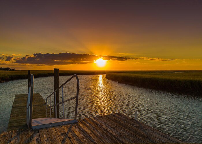 Dewees Island Greeting Card featuring the photograph Dewees Island Sunset on the Dock by Donnie Whitaker