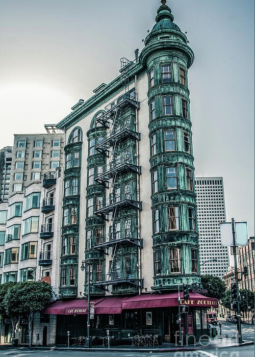 Buildings Greeting Card featuring the photograph Dez 2016. San Francisco, USA - Old copper-green Columbus tower o by Amanda Mohler