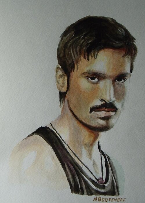 Portrait Greeting Card featuring the painting Dhanush Popular Indian Singer by Nicolas Bouteneff