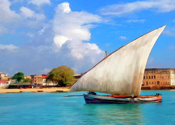 Dhow Off Zanzibar Greeting Card featuring the painting Dhow Off Zanzibar by Dominic Piperata