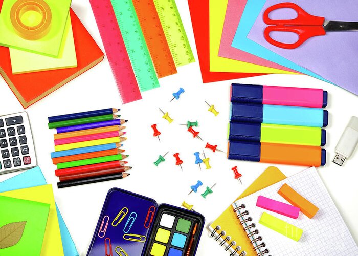 Accessories Greeting Card featuring the photograph Different school supplies by Anna Om