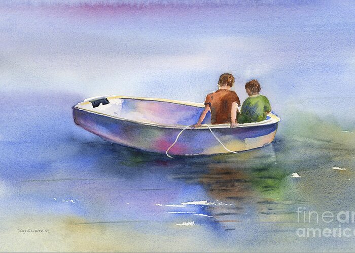 Boat Greeting Card featuring the painting Dinghy Conversation by Amy Kirkpatrick