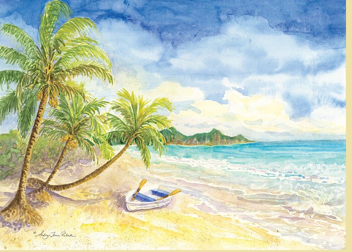 Natural Greeting Card featuring the painting Dinghy on the Tropical Beach with Palm Trees by Audrey Jeanne Roberts