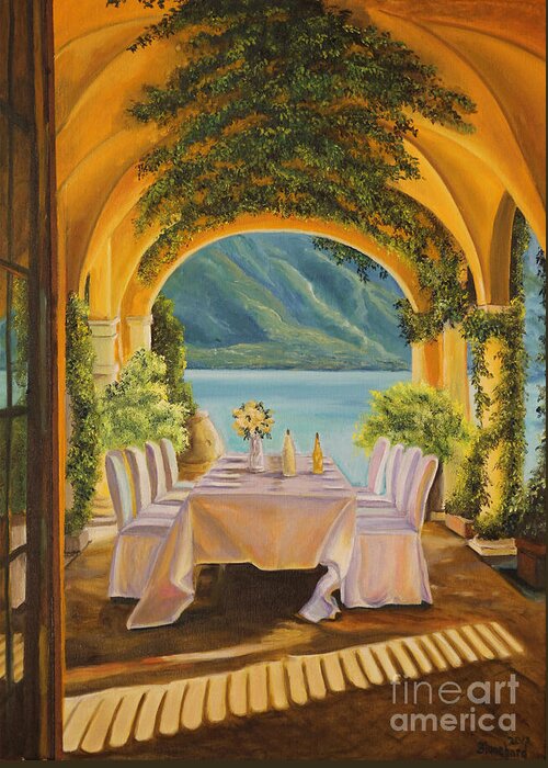 Lake Como Artwork Greeting Card featuring the painting Dining on Lake Como by Charlotte Blanchard
