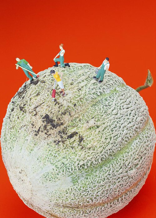 Clean Greeting Card featuring the painting Dirty cleaning on sweet melon little people on food by Paul Ge