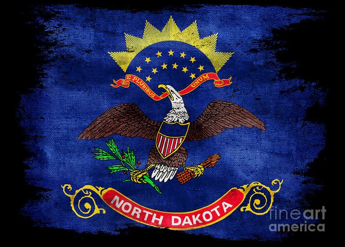 North Dakota Flag Greeting Card featuring the photograph Distressed North Dakota Flag on Black by Jon Neidert