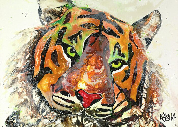 Tiger Greeting Card featuring the painting Do Your Work by Kasha Ritter