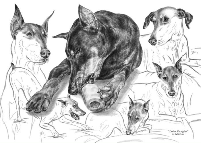 Doberman Greeting Card featuring the drawing Dober-Thoughts - Doberman Pinscher Montage by Kelli Swan