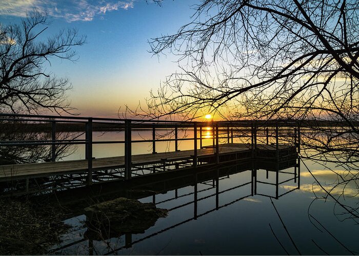 Water Sunset Dock Kansas Lake Greeting Card featuring the photograph Dock sunset by Kent Crow