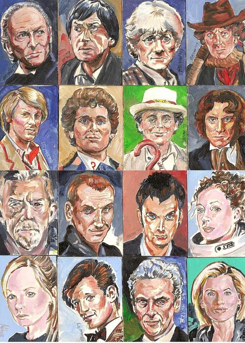 Doctor Who Greeting Card featuring the painting Doctor Who 1963 to 2017 revised by Bryan Bustard