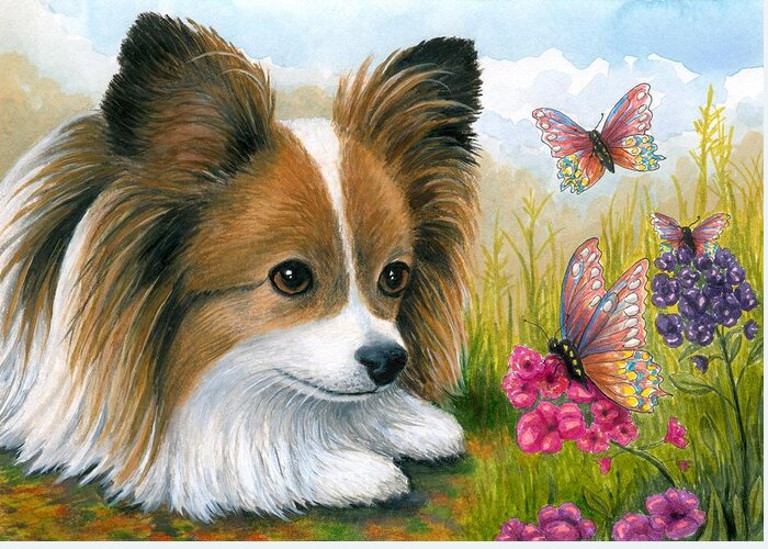 Dog Greeting Card featuring the painting Dog 123 Papillon by Lucie Dumas
