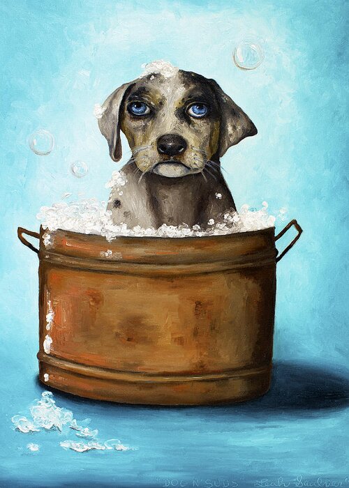Dog Greeting Card featuring the painting Dog N Suds by Leah Saulnier The Painting Maniac
